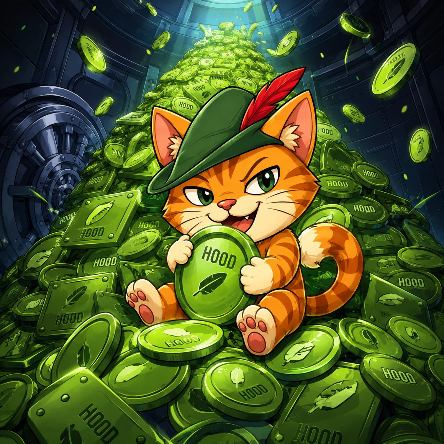 ROBIN sitting on a mountain of HOOD tokens
